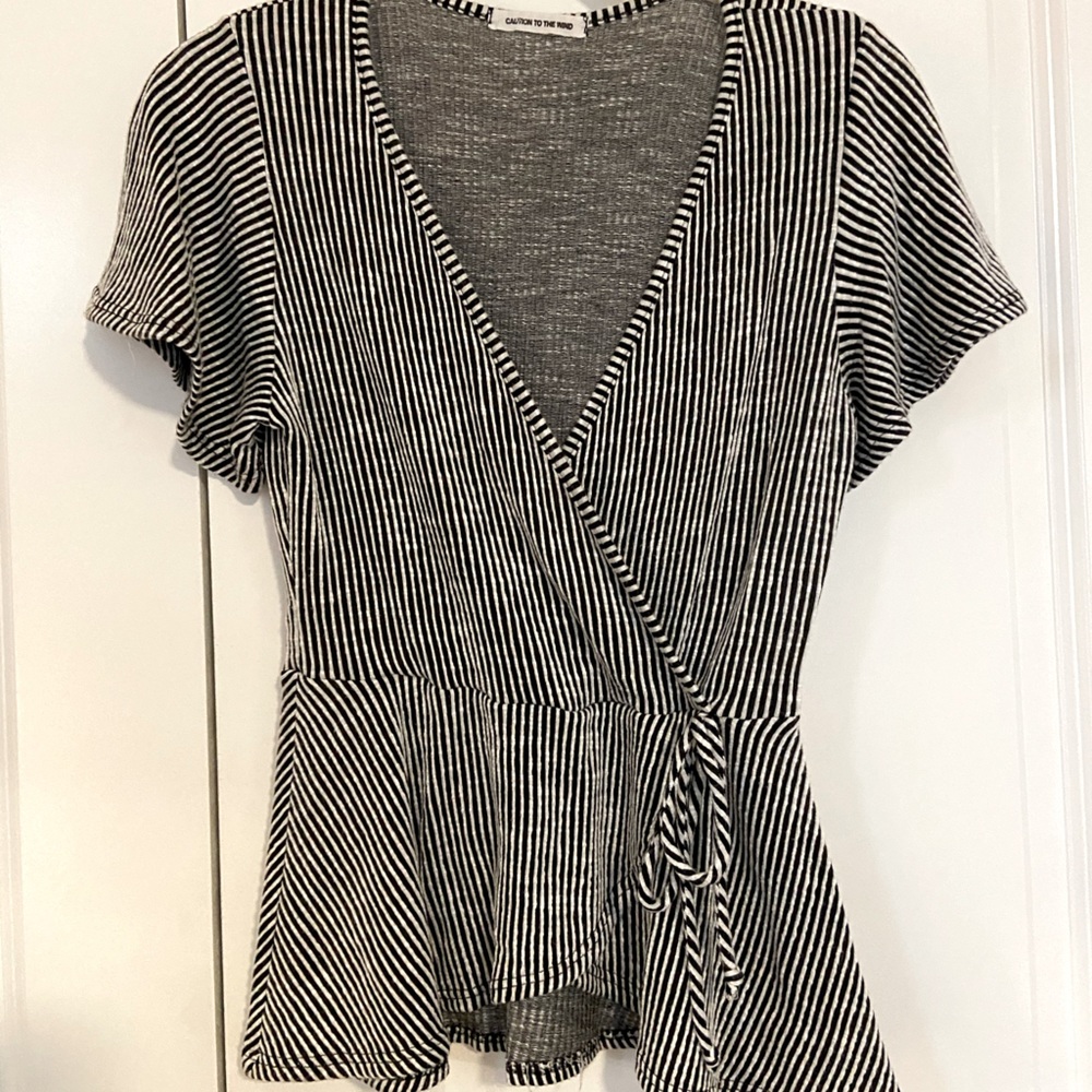 Black and White Stripe Peplum Wrap Top